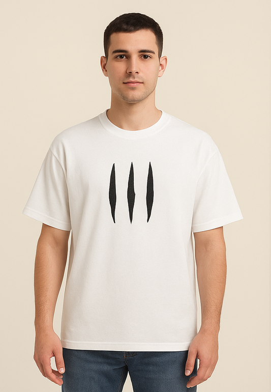 Oversized White T-Shirt with Tribal Paw & Scratch Design