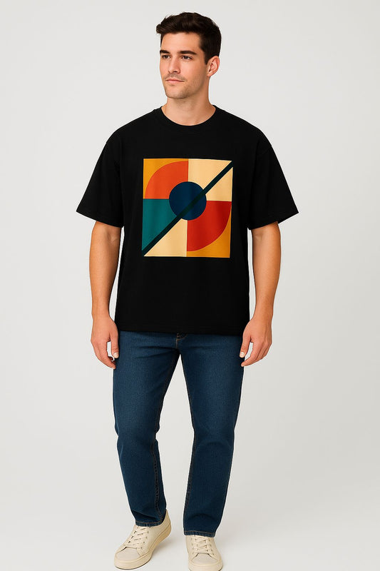 Black Geometric Vibe Oversized T-Shirt – Abstract Art Edition For Unisex