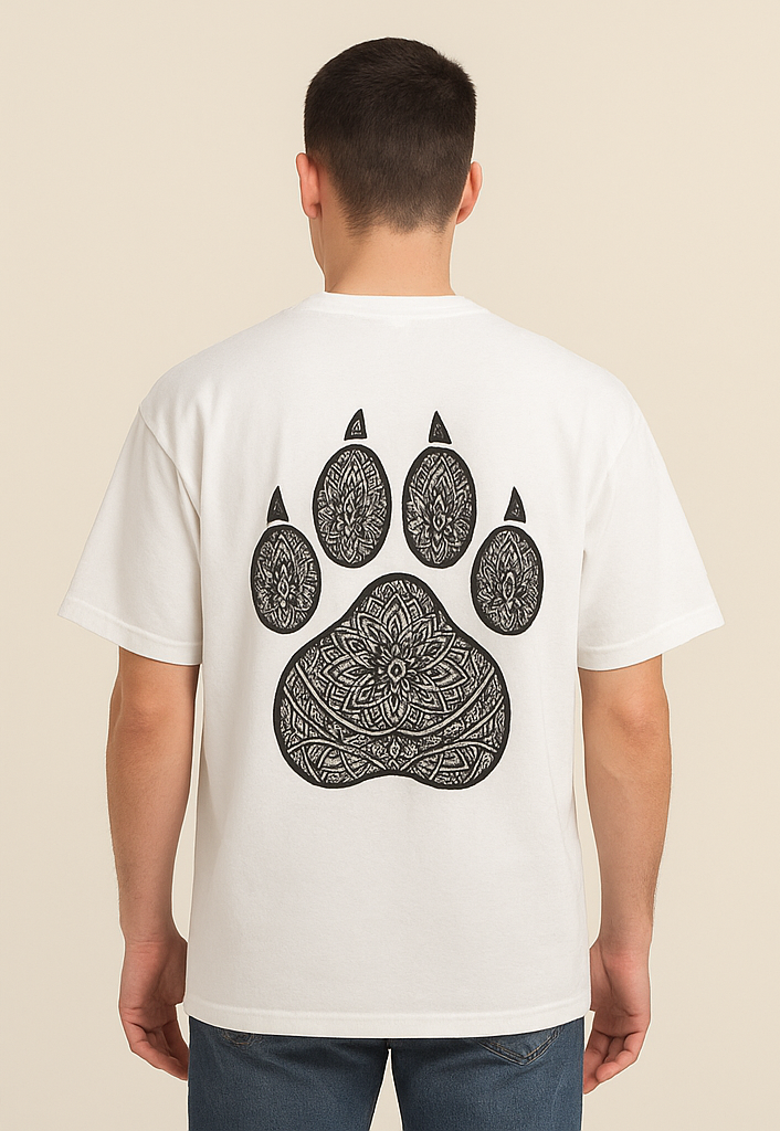 Oversized White T-Shirt with Tribal Paw & Scratch Design